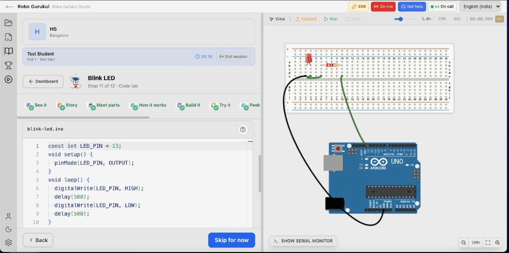 Robo Gurukul Studio — Blink LED code lab with Arduino circuit simulator